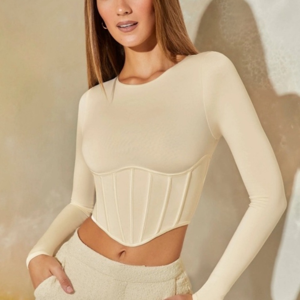 Oh Polly MEERA Lono Sleeve Corset Crop Top in Stone